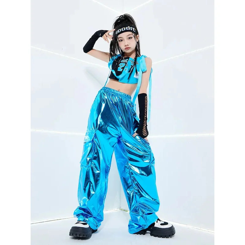 

Boys Hip Hop T-shirt PU Leather Shiny Cargo Pants Girls Cool Crop Top Streetwear Kids Street Dance Costumes Child Jazz Clothes