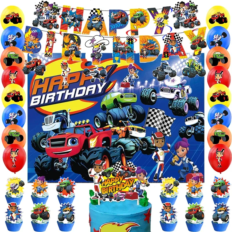 Blaze Monster Car Birthday Party Decoration Balloon Banner Backdrop Cake Topper Monster Car Party Supplies Baby Shower