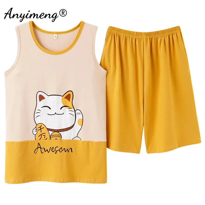 Pajamas for Women 2023 Summer New Fashion Home Clothes Sleeveless Soft Cotton Sleepwear Big Size 2xl 3xl Two Piece Set Nightwear