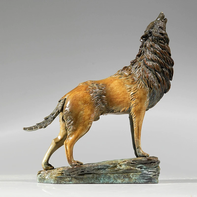 l*-Copper Wolf Sculpture Ornament, Luxury Brass Artwork, Office Desktop Decoration, Animal Figurines  ,Modern Art Gifts