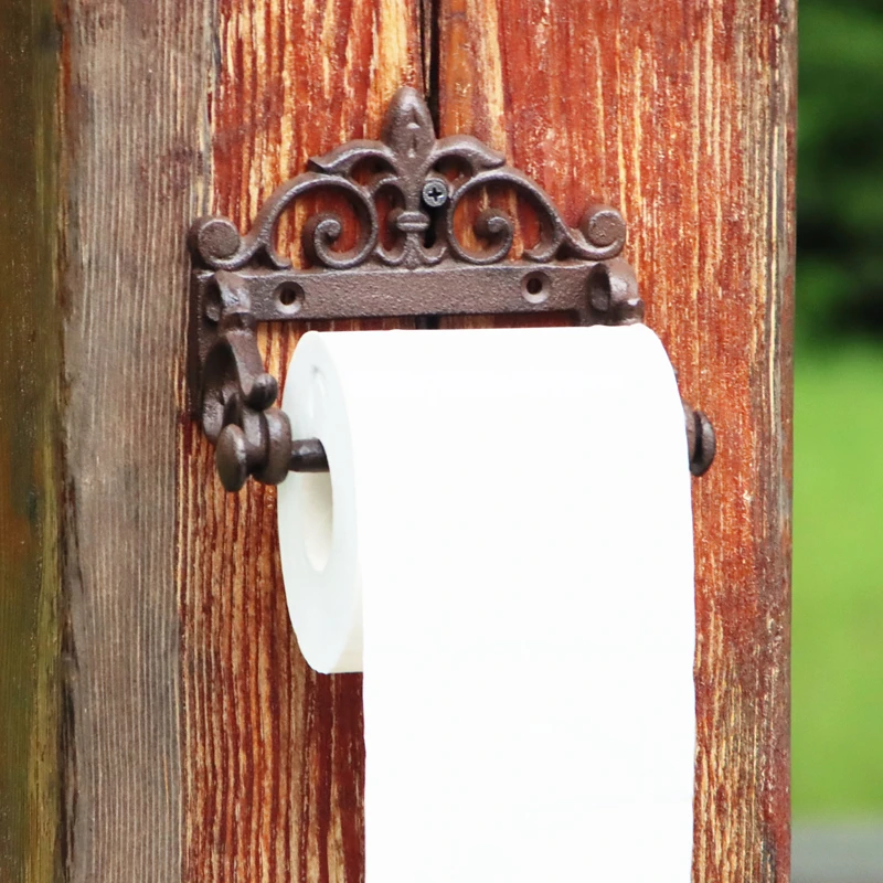 Cast Iron Blossom Wall-Mounted Toilet Paper Roll Holder In Rustic Brown Fleur De Lis Design Metal Ornate Paper Holder Roll