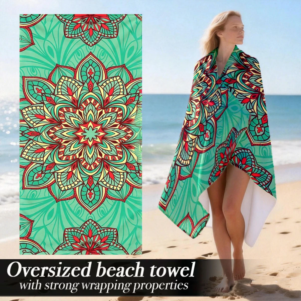 

Oversized Microfiber Beach Towel 1Pc 2D Flat Printed Boho Mandala Sandproof Waterproof Pool Towel For Women Vacation