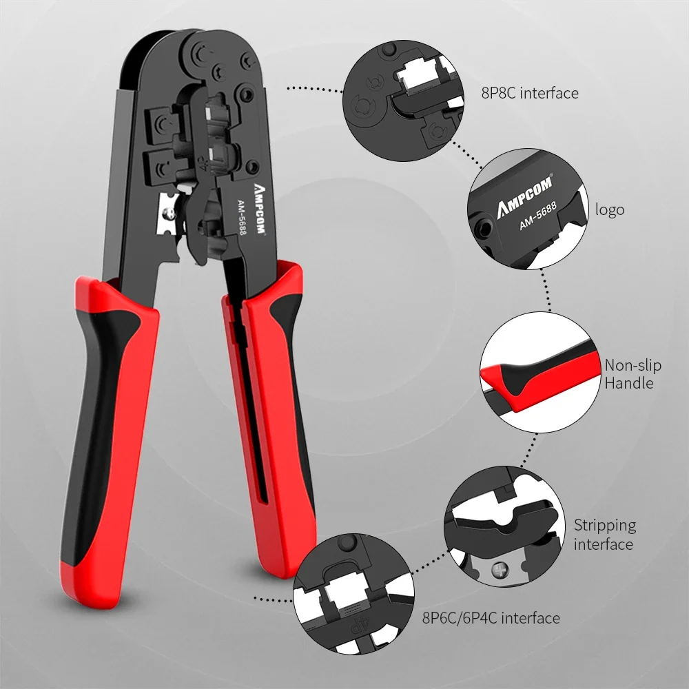 AMPCOM Crimping Tool RJ45 and RJ12, RJ11 Crimper Cutter Stripper Network Cable CrimpTool for 4P 6P 8P RJ-11/RJ-12 RJ-45