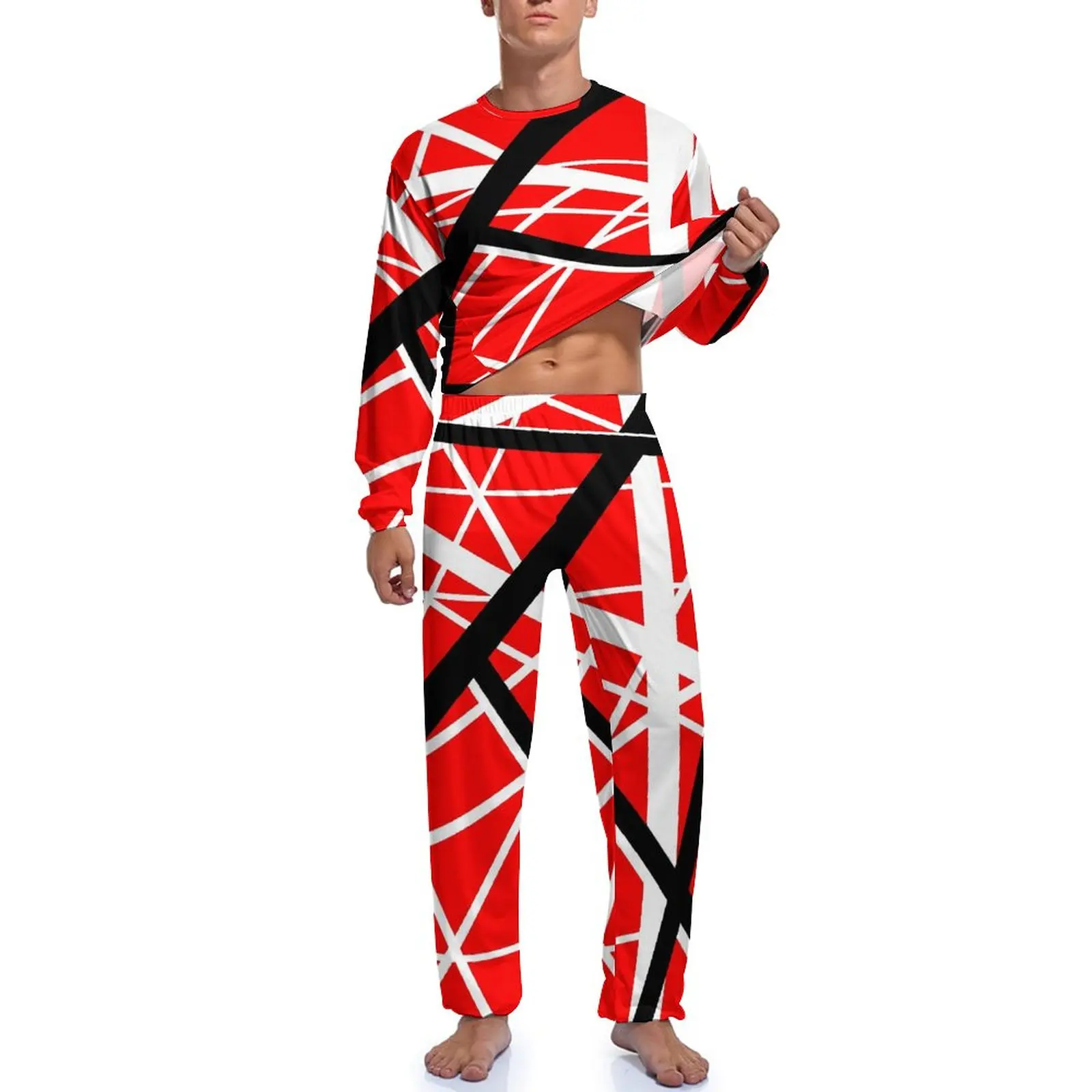 Van Halen Pajamas Autumn Two Piece Red Black and White Line Art Trendy Pajamas Set Man Long Sleeve Casual Graphic Nightwear