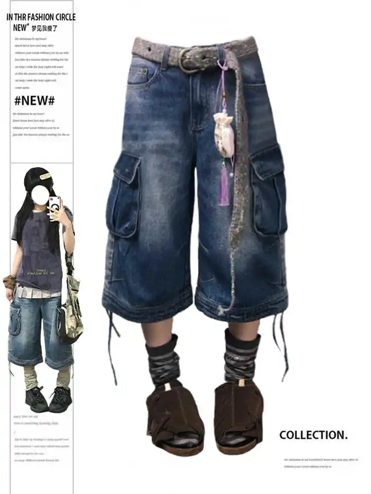 

Летние женские джинсовые шорты-карго в американском ретро-стиле, джинсы-бойфренды, Y2K, 2000-е, джинсовые брюки до середины икры, японский стиль Харадзюку, уличная мода