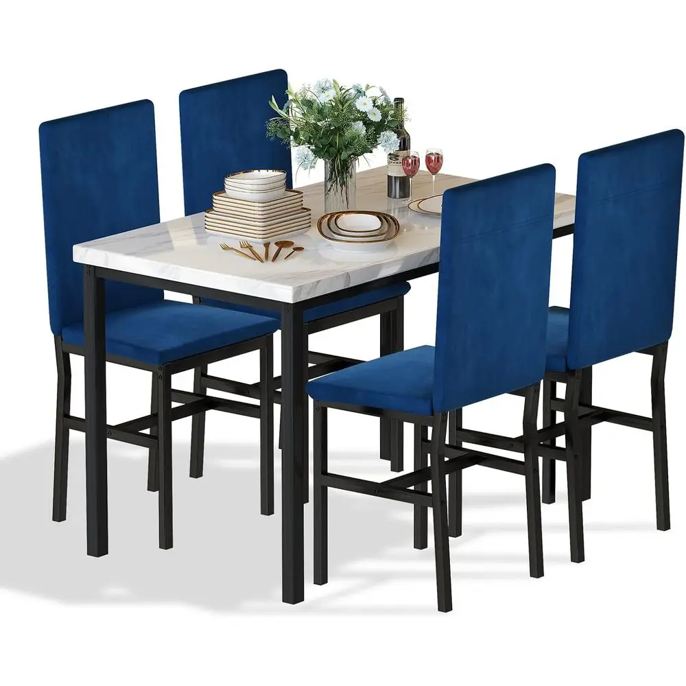 Space-Saving Marble Top Kitchen Table with 4 Blue Velvet Chairs for Dining & Breakfast in Small Spaces