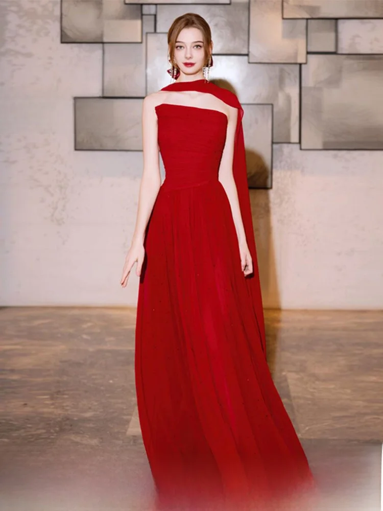 

Ele Red Bridal Gown for Wedding Reception Guest Arrival Morning Robe Dr Sexy Strapl Long Evening Gown Polyester Fiber