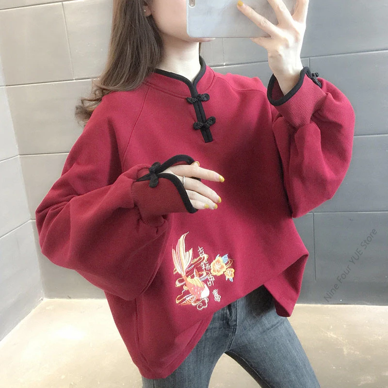 Chinese Style Stand Collar Pullover Sweatshirts Women Fashion Autumn Winter Loose Long Sleeve Button Thicken Print Pull Tops