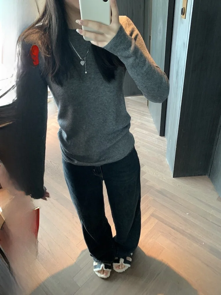 

Ultrine Wool Base irt Friendly to Skin round Face Square Face Casual Sle Slim Fit Long Sve round Ne Pure Color