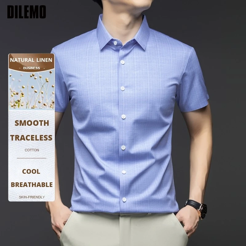 

High End Linen Anti-wrinkle New Summer Brand Fashion Korean Mens Shirt Short Sleeve Checkered Designer Casual Men Clothes