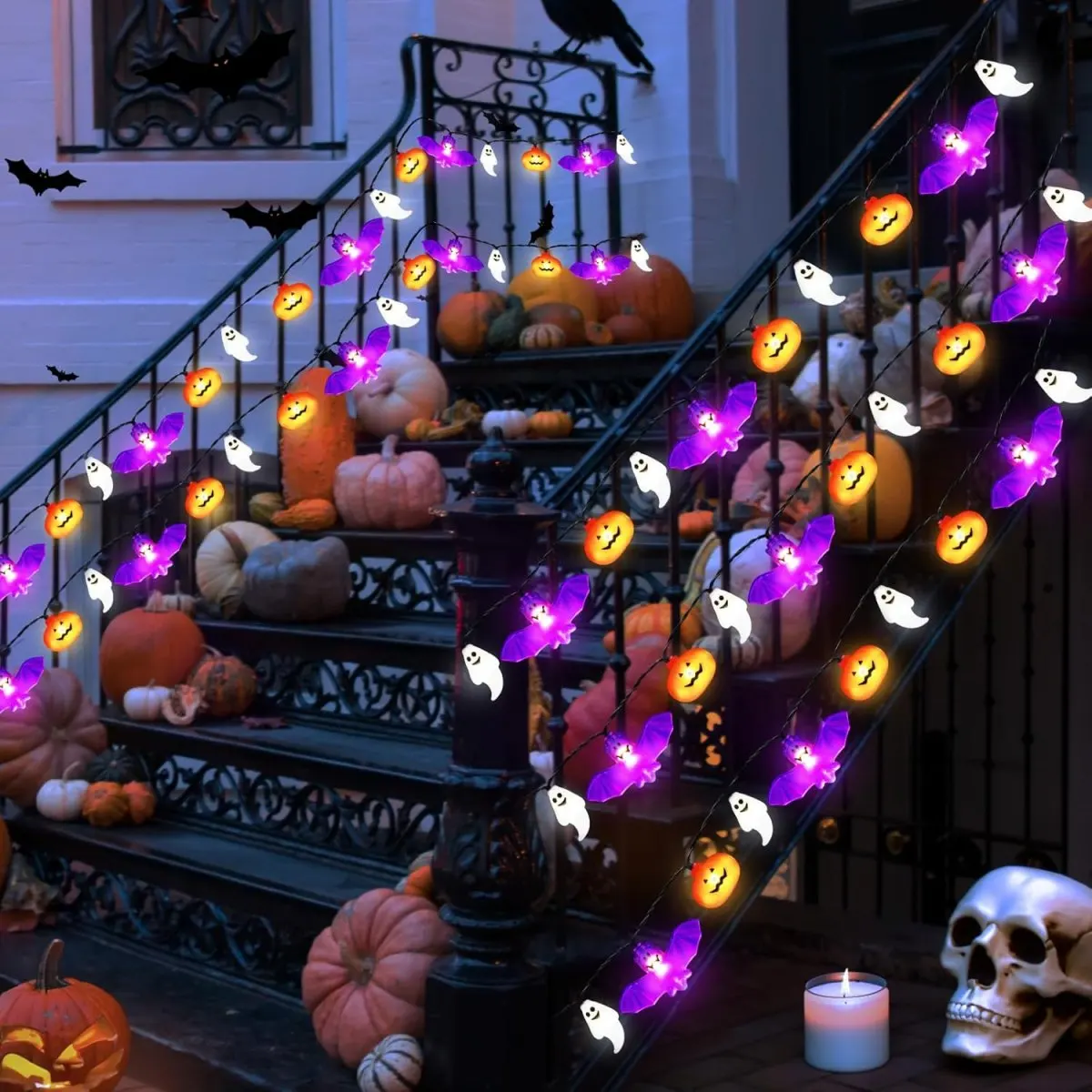 1pc 20/30 LED Bat & Ghost & Pumpkin Solar String Light Outdoor Garden Lamp With 8 Lighting Modes For Home Yard Halloween Decor