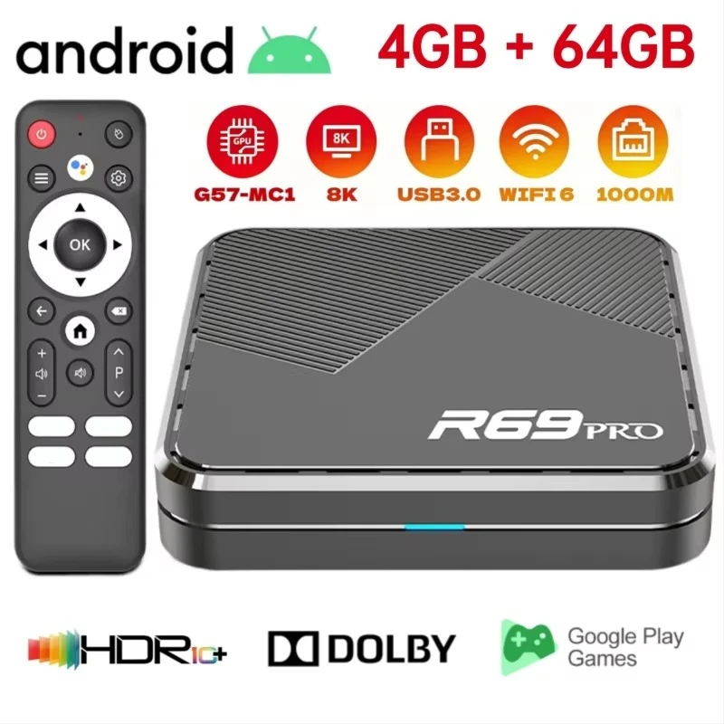 Décodeur R69 PRO Ultra HD 8K Android 14 Allwinner H728 WiFi 6 1000M LAN Bluetooth 5.0 Lecteur Multimédia Home Cinéma Boîtier Smart TV