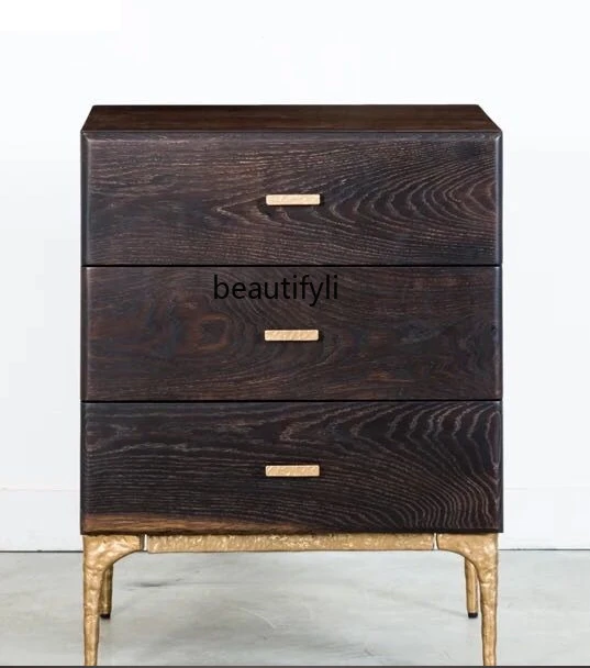 

Nordic Light Luxury and Simplicity Gold Iron Oak Industrial Style Bedside Table Side Table Three-Drawer Chest of Drawers Locker