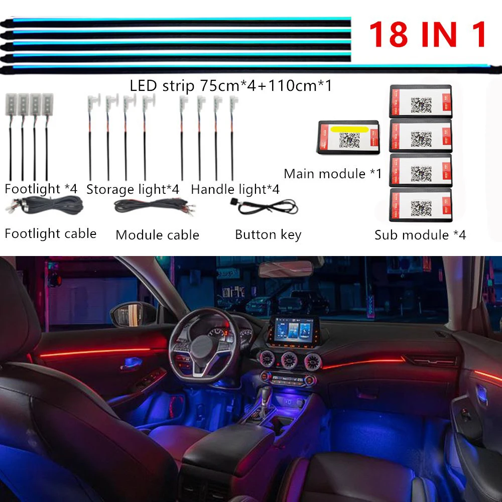LED Symfonie Auto Omgevingslicht 64 RGB Interieur Acryl Lichtgeleider Glasvezel Auto Decoratie Sfeer 18/14/10/6in1 Universeel