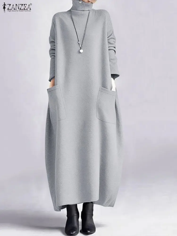 

ZANZEA Fashion Sweatshirt Dress Women Casual Turtleneck Long Sleeve Solid A-Line Midi Dresses for Woman FW 2025 Cozy Warm Robes