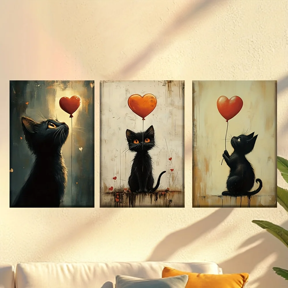 （3PCS NOFrame）-2D Flat, 2D Flat, Set of 3, Unframed Canvas Artwork Featuring Heart-Shaped Balloons And Kittens, Suitable for
