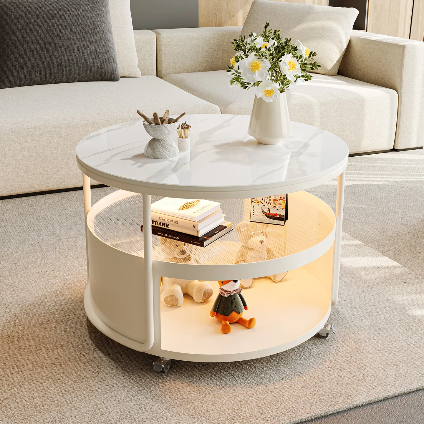 Simple modern round rock slab sofa side few living room household small apartment movable trolley coffee table small table