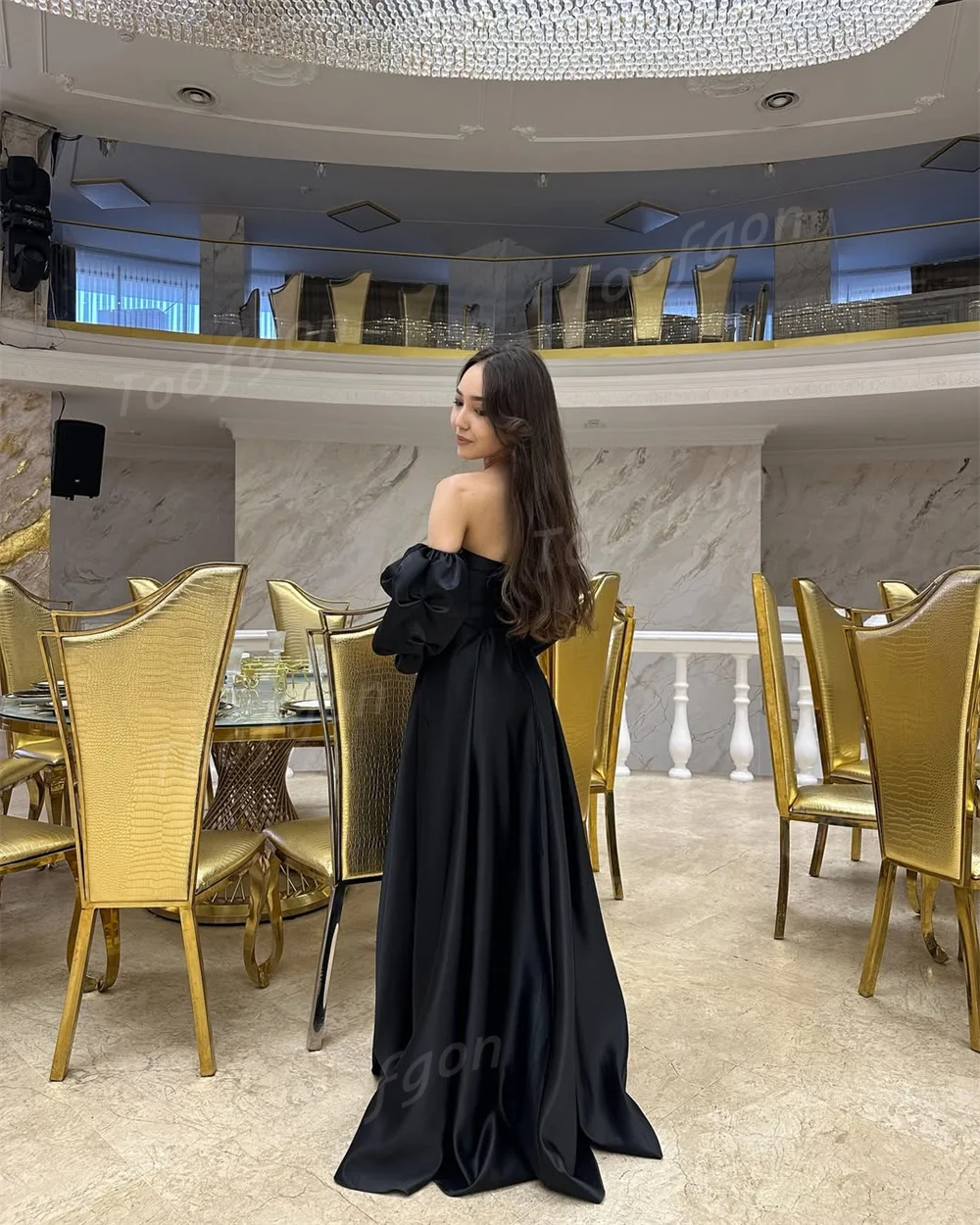 Toofgon الساتان الأسود ألف خط فساتين لحضور الحفلات الموسيقية انفصال كم قصير مشد ثوب مسائي رسمي مخصص المرأة فستان الحفلات الخاصة