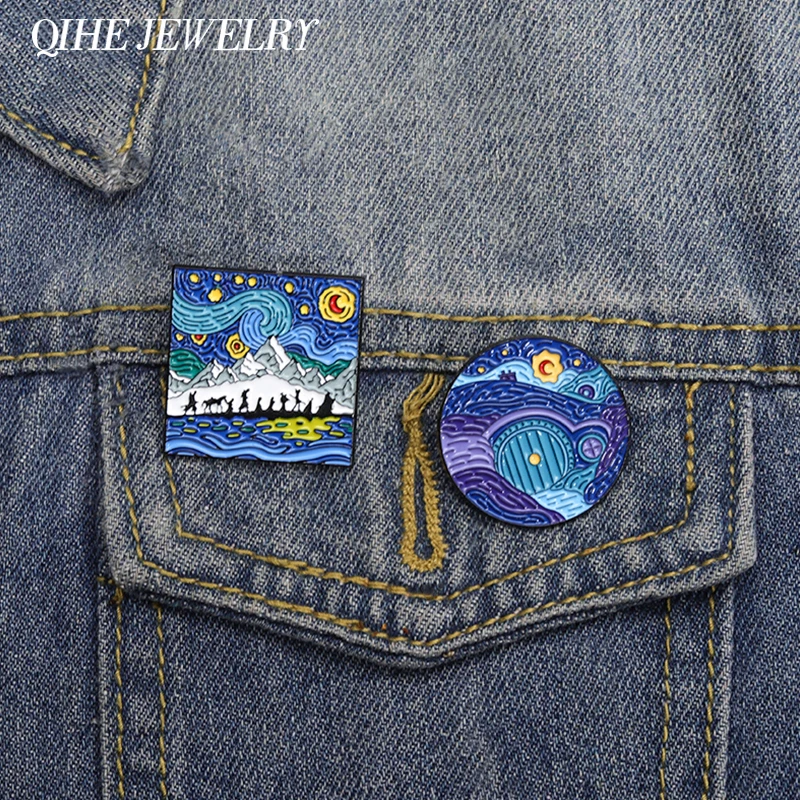 

Oil Painting Brooch Enamel Pin Custom Fantasy Adventure Movie Inspiration Art Starry Sky Brooch Lapel Badges Jewelry Accessories