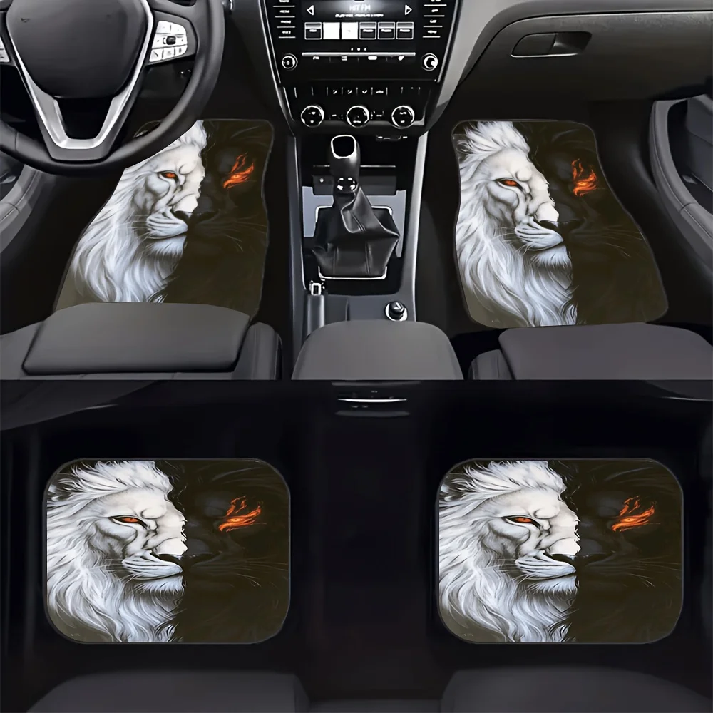 

4pcs Black And White Lion Pattern Car Mats - Durable, Easy To Clean, Stylish Interior Protection For Sedans, SUVs, And RVs, Perf