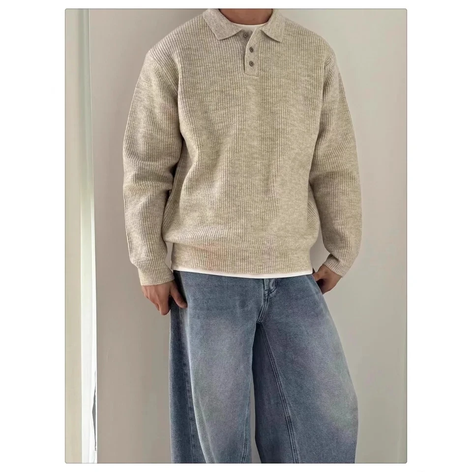 2025 Autumn New Men Fashion Solid Color Loose Long Sleeve Polo Shirt Versatile Elegant Design Simple Style