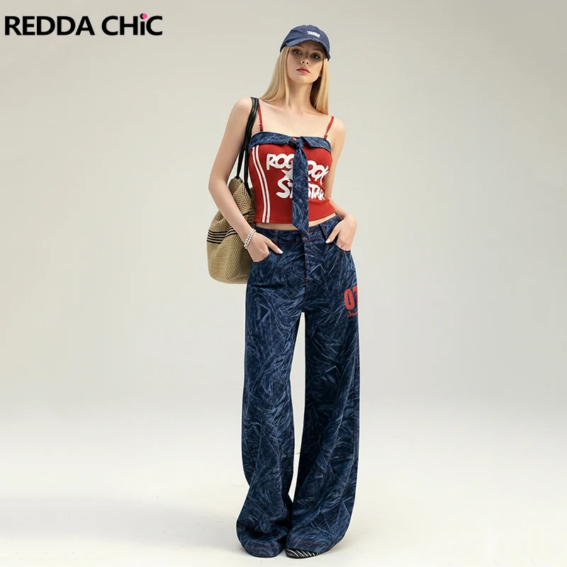 

REDDACHiC Vintage Patchwork Tie Top Pants Set Sporty Women Letter Print Camisole Casual Wide Leg Pants Skater Hip HopStreetwear