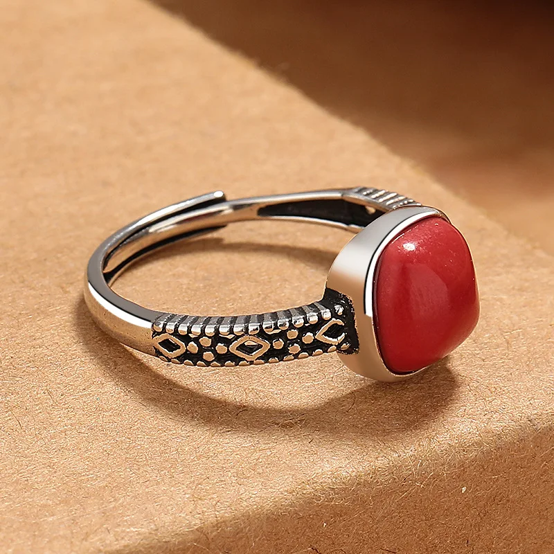 Women's 925 Sterling Silver Red Gemstone Adjustable Ring, Gift