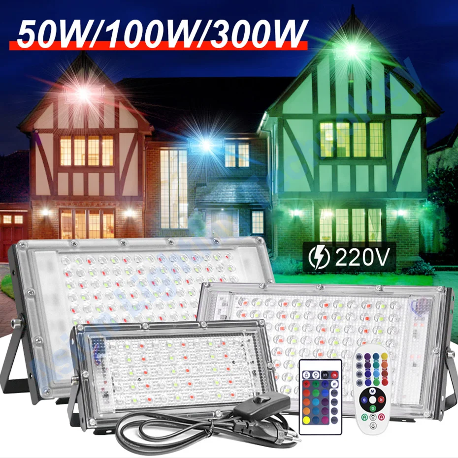 300W 100W 50W LED RGB Floodlight Outdoor Lighting IP65 Waterproof Led Spotlight with Remote Control 220V EU Plug Floodlights