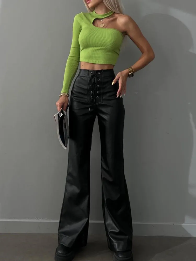 الخريف والشتاء موضة مثير عالية الخصر جلد متوهج بنطلون المرأة شخصية الشارع تنوعا مايكرو سليم بنطال جلدي