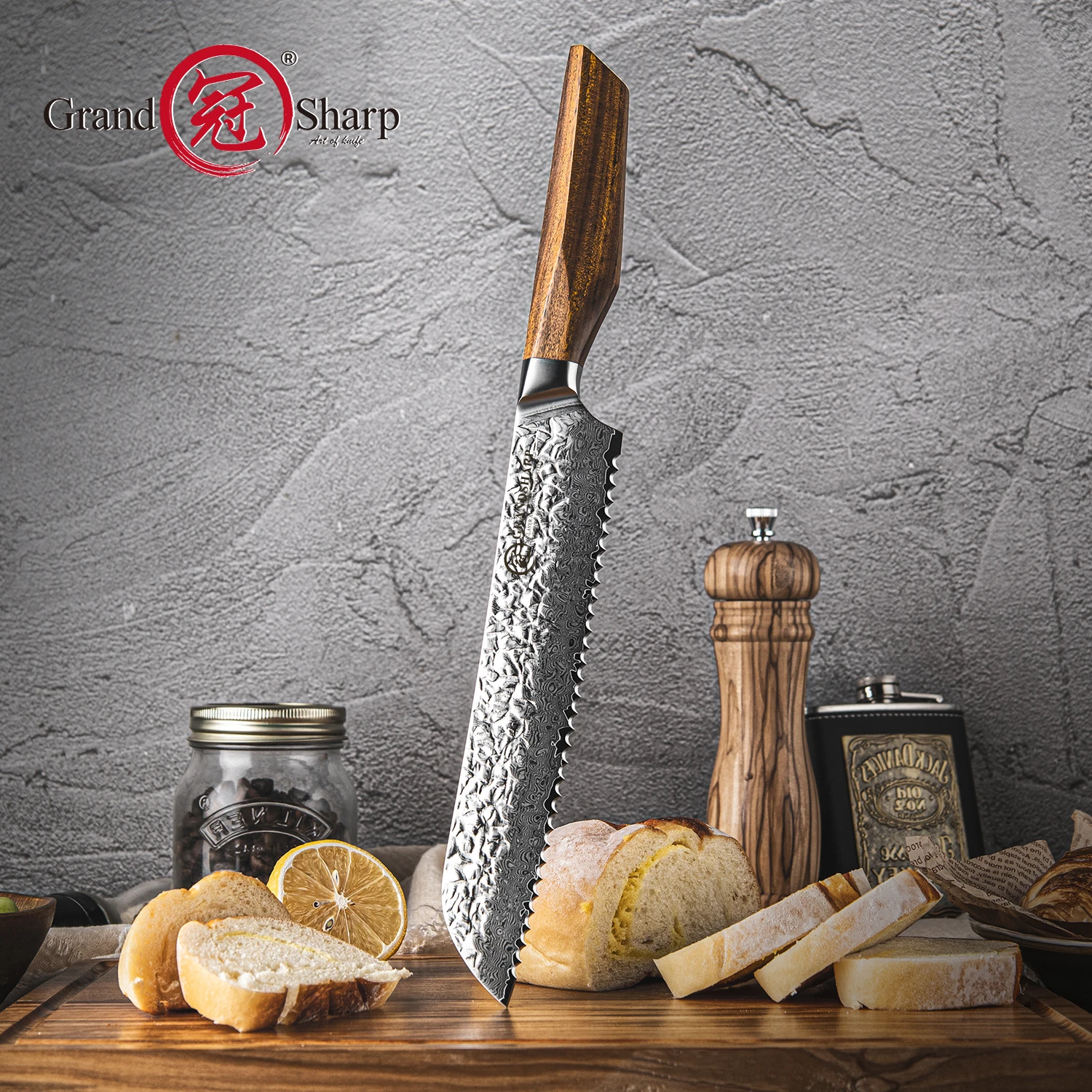 Grandsharp 8 Inch Bread Knife Serrated Bread Saw Cake Knife 67Layers AUS-10 Core Africa Rose Wood Handle High Quality Knife