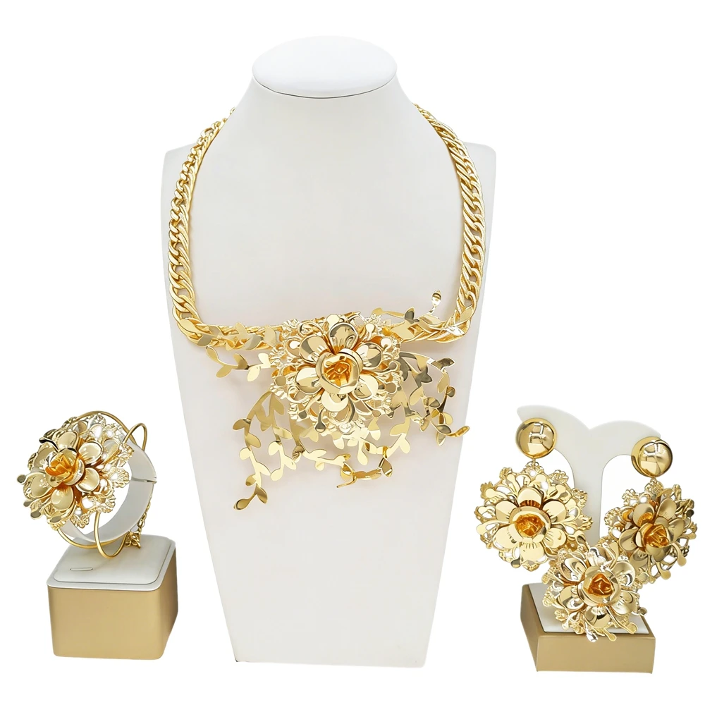 

Wedding big flower Brazilian women's jewelry set gold plated necklace chain earrings bracelet bracelet ring