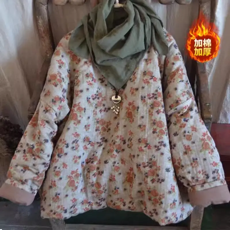 2024 Lente Herfst Losse Oversized Gebloemde Katoenen Jas Ronde Hals Etnische Stijl Lange Mouwen Retro Vrouwen Gewatteerde Jas Top Z4717