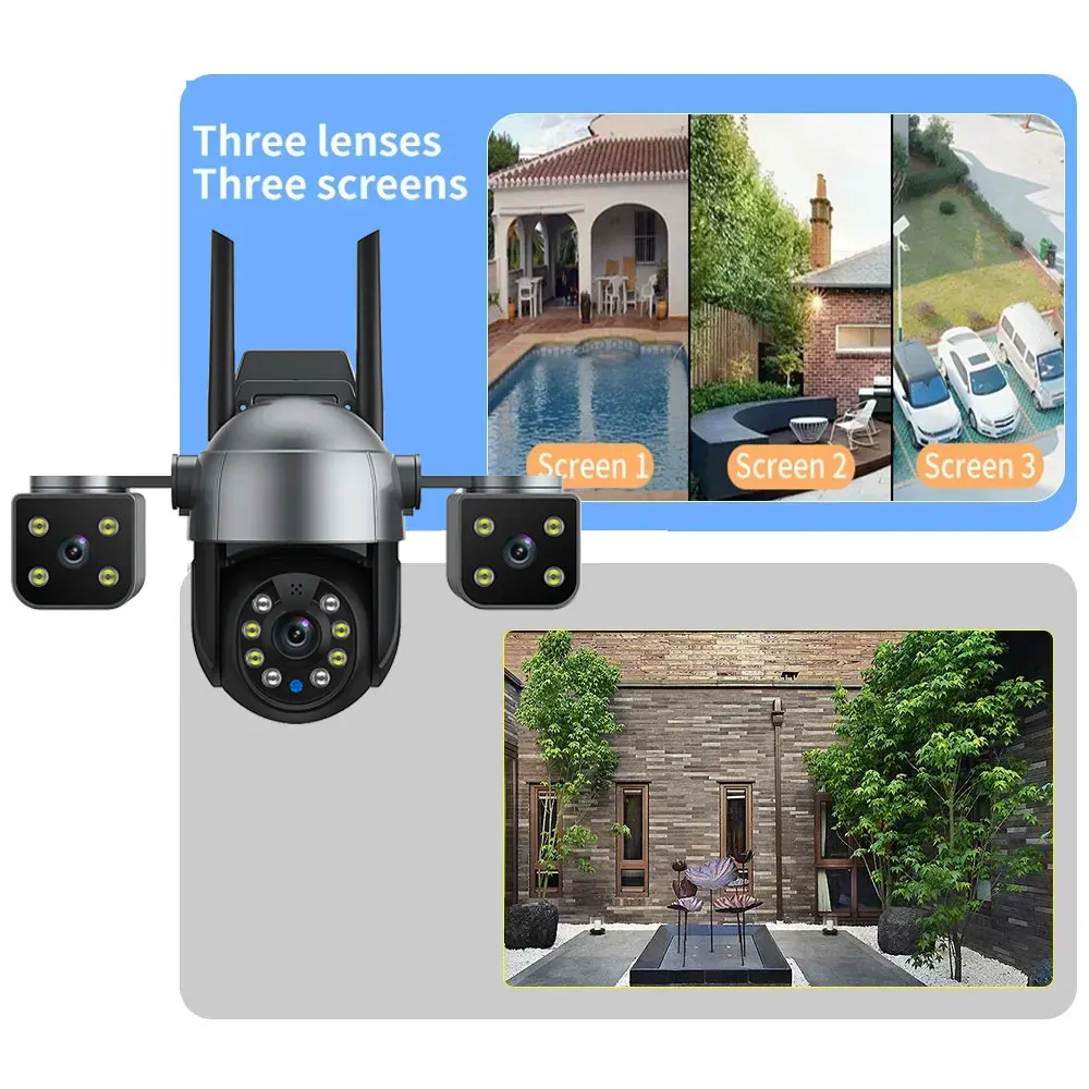 6K 12MP WiFi Surveillance Camera 3 Lens 3 Screens 8X Digital Zoom AI Human Detect 4MP Outdoor Security CCTV PTZ IP Cameras