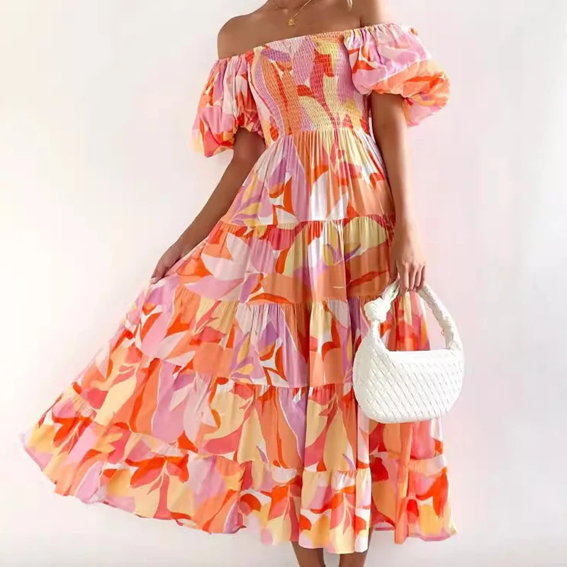 เดรสพิมพ์ลายดอกไม้แขนพอง สไตล์เซ็กซี่เปิดหลัง คอเฉียง ผ้ามีความยืดหยุ่น เอวสูง กระโปรงสั้น/ยาว รุ่นใหม่สำหรับฤดูร้อน