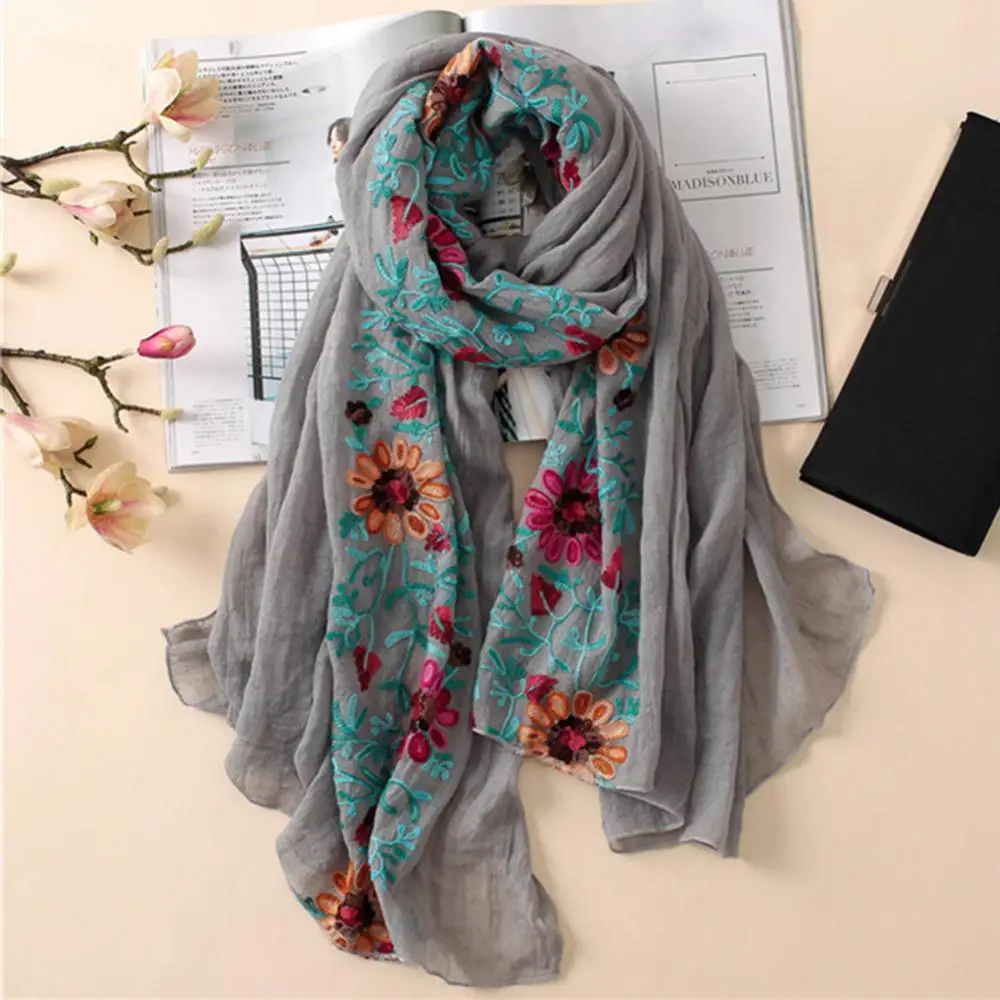 Embroidered Flower Scarf Cotton Women Long Wrap Bandana Scarves Girl Shawl Gift Muslim Hijab Cap Indian Bandana Wrap Headband