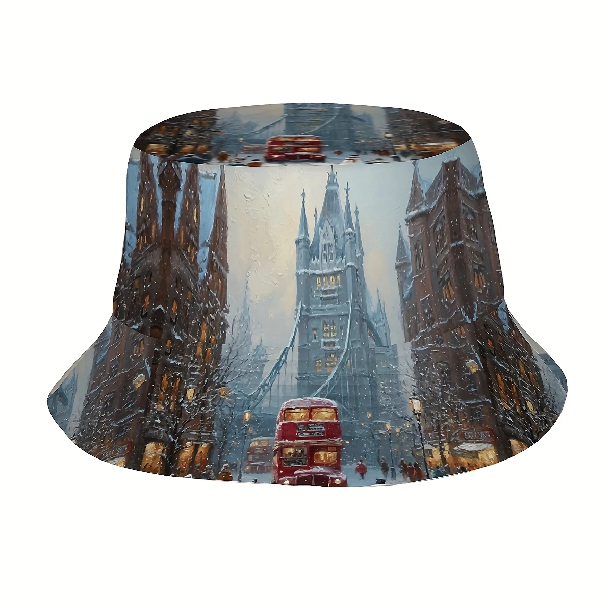 

1pc Christmas Snowy London Streets British-Themed Bucket Hat - Big Ben & London Eye Print, Unisex Full-Face Design, All-Weather