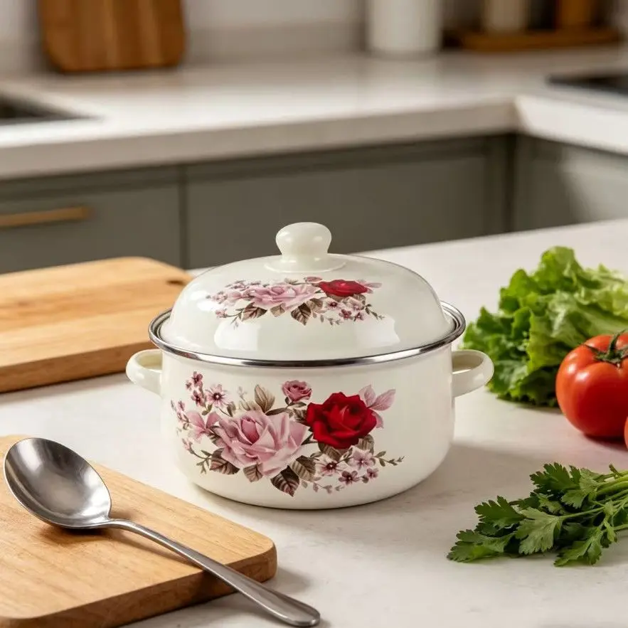 Enamel Soup Pot, Household Kitchen Cookware Stock Pot Soup and Instant Noodles Flat Bottomed Induction Cooker Univers Milk Pot