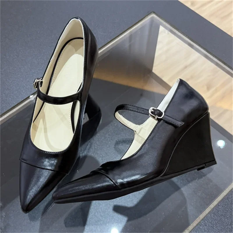 

Aneikeh Spring Summer Vintage Mary Jane Buckle Strap Wedges Heels Women Pumps Elegant Comfortable Pointed Toe Banquet Shoes