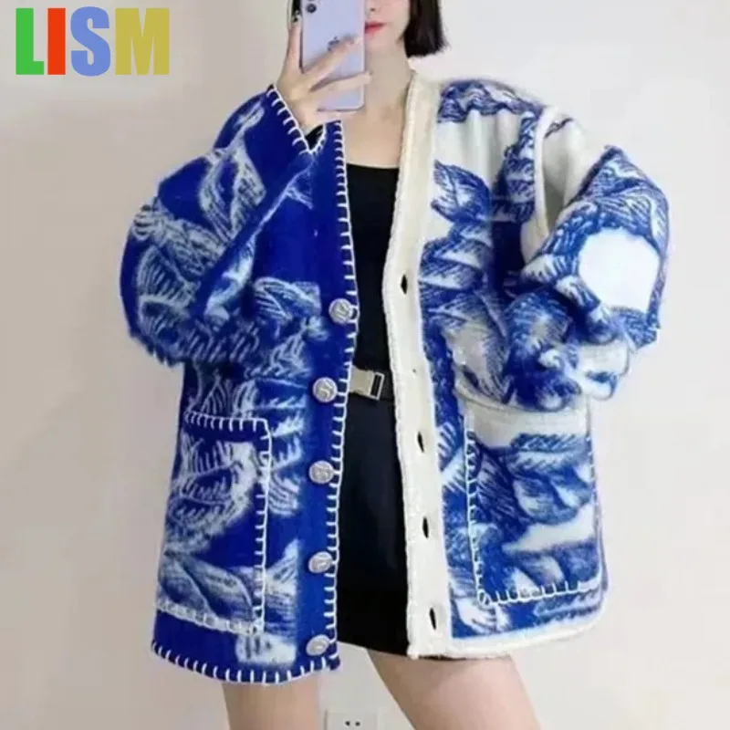 

LISM women's winter clothes 2025 Print Tie Dye Cardigans for Women Vintage Thick Warm V Neck Winter Sweaters Korean Fashion