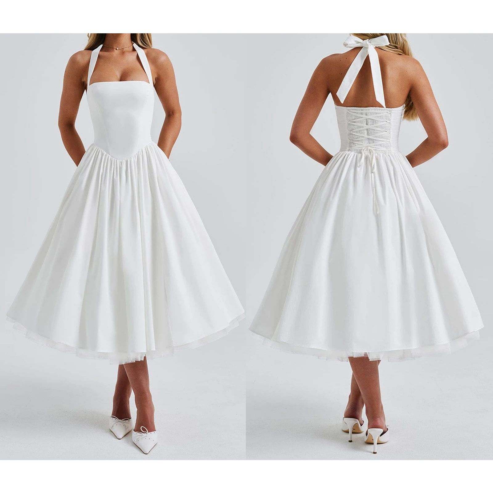 Robe Tutu mi-longue pour femmes, couleur unie, élégante, col licou, sans manches, dos ouvert, Corset croisé, ligne a, débardeur