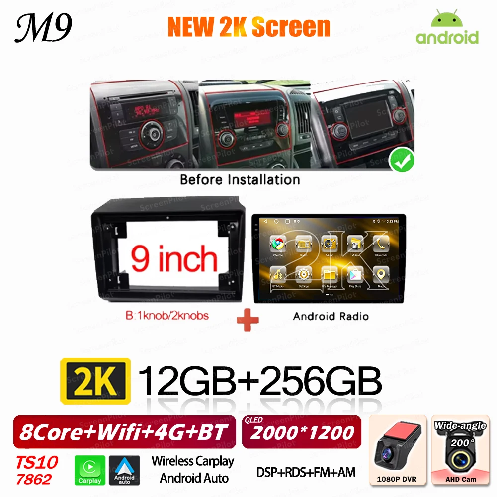 Android 16 voor Fiat Ducato Peugeot Boxer Citroen Jumper 2 2006-2022 Carplay Android Auto 2K QLED Wifi GPS autoradio multimediasysteem 5G