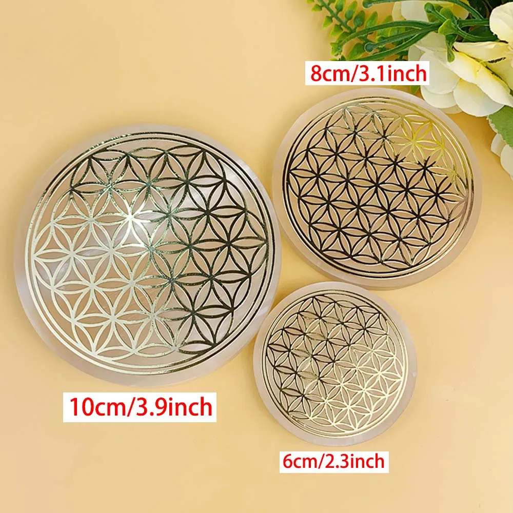 6-10CM Natural Crystal Selenite Slice Slab White Gypsum Flower of Life Charging Plate For Cleansing Meditation Fengshui Chakra