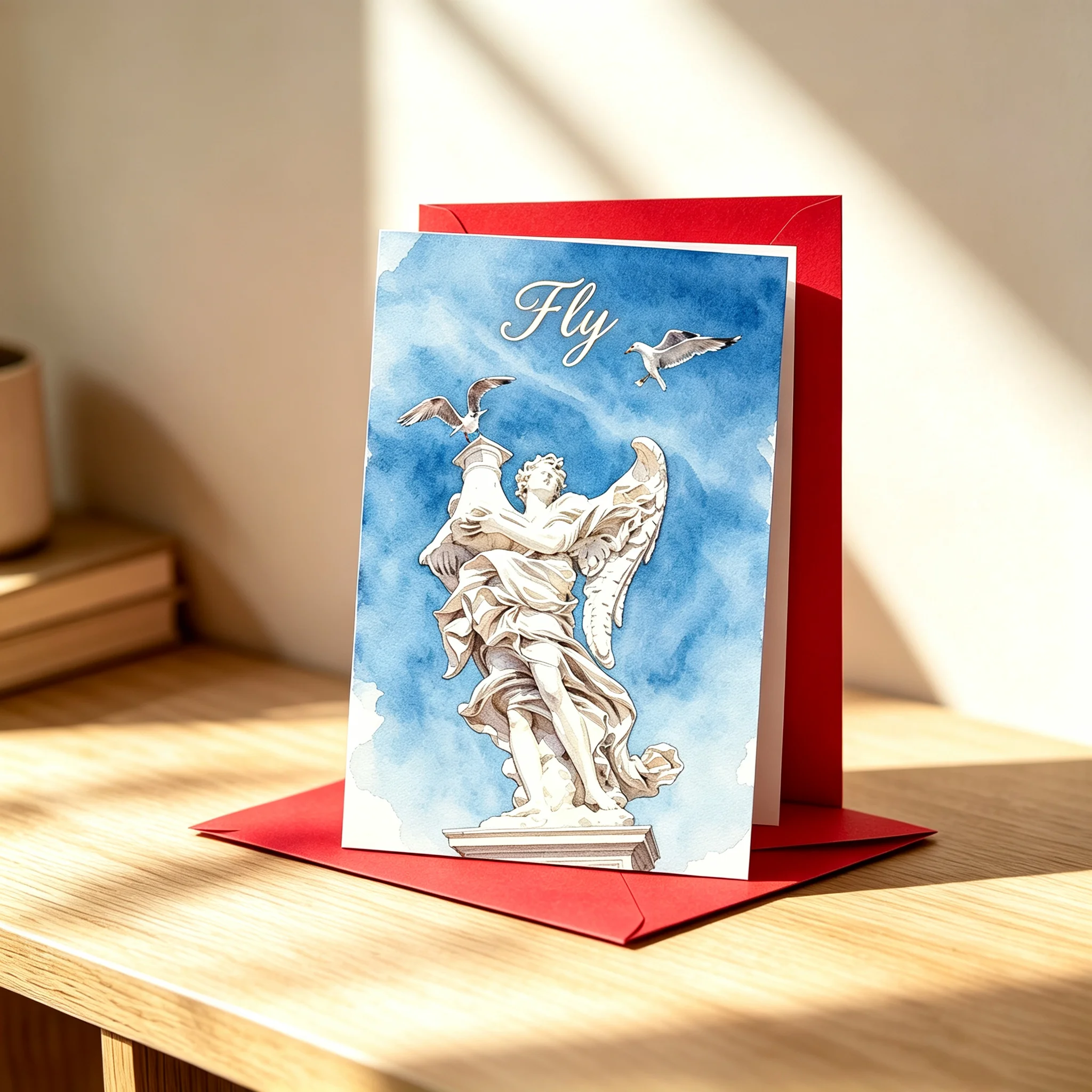Watercolor White Angel Statue Seagull Clear Blue Sky Cloud Freedom Greeting Card Fly Wish Blank Note Card With Red Envelope