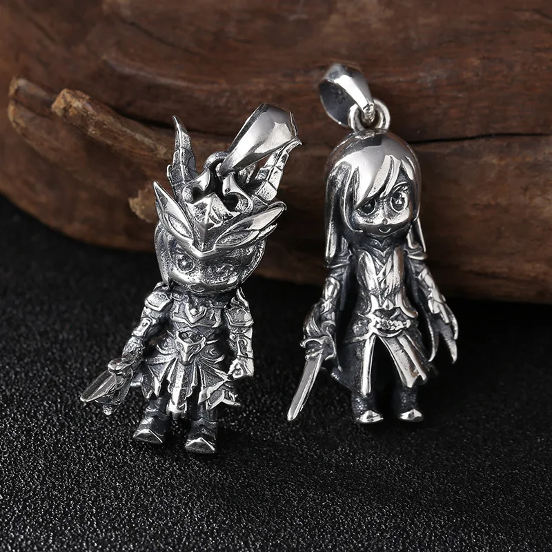 S925 Sterling Silver Cartoon Boy Pendant Black Color Old Process Unisex 3D Fine Jewelry FYNE404