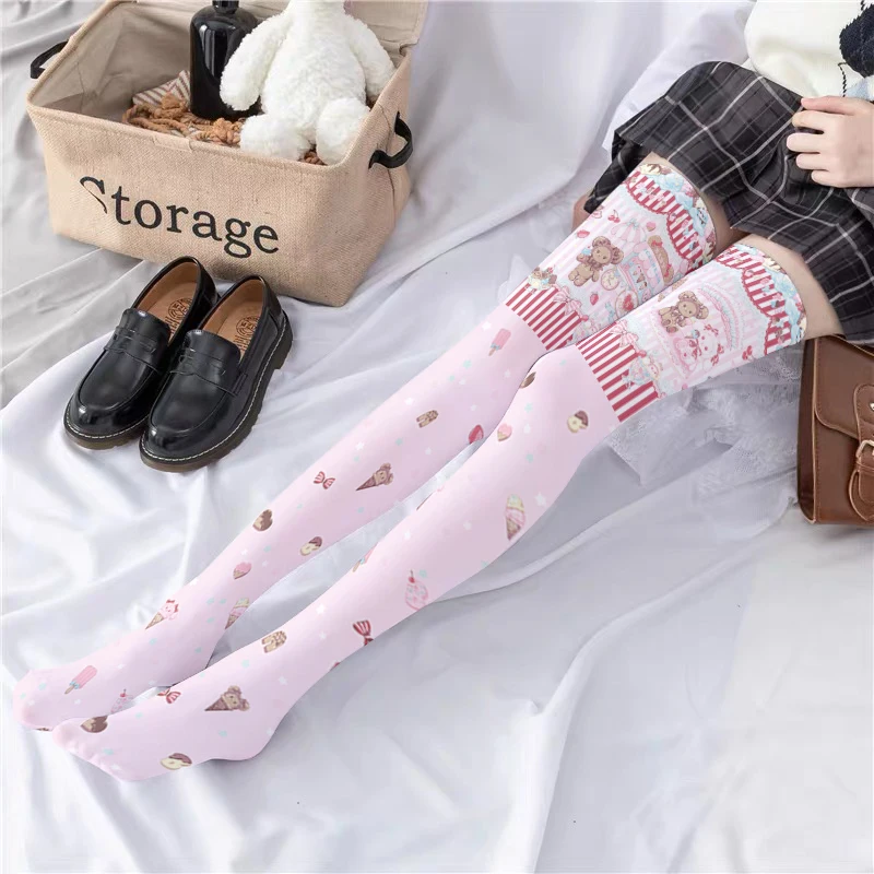 Fashion Strawberry Bow Print Women Stockings Sexy Striped Thigh Stretch Stockings Harajuku Kawaii Matching Gift Stockings