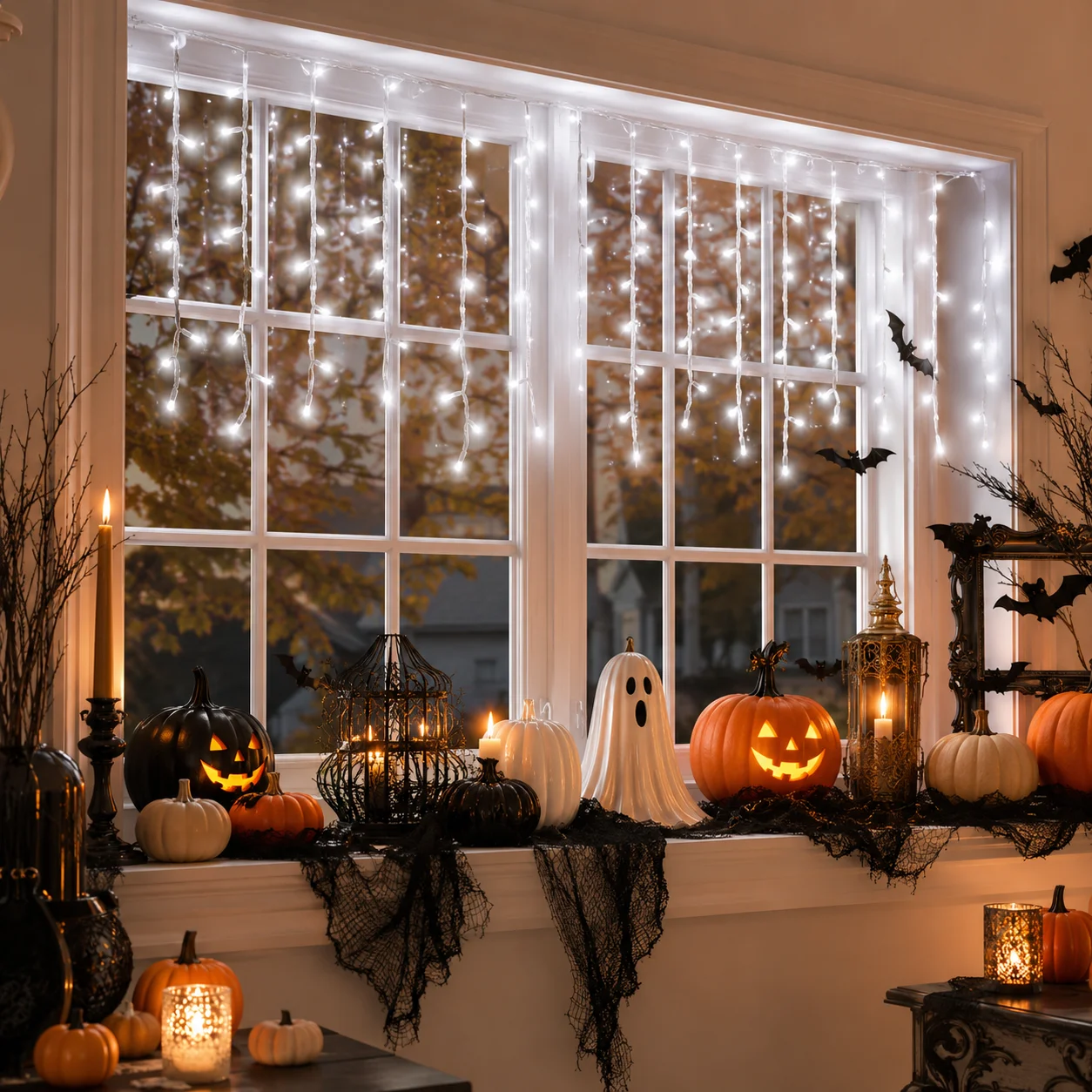 White Icicle Lights USB Hanging String Lights 6M 100LED 10M 200LED 8 Modes for Window Porch Halloween Decor