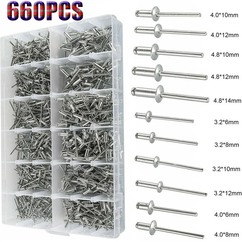 

660pcs Pop Rivet 3.2mm 4mm 4.8mm Aluminium Mushroon Head Break Mandrel Dome Head Blind Rivets Nail Pop Rivets