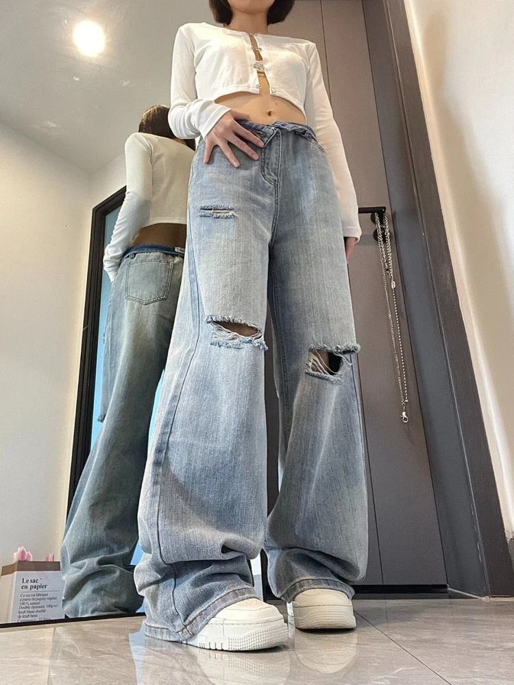 

Women's American High Street Ripped Jeans Distressed Baggy Denim Pants Loose Straight Wide Leg Trousers Summer