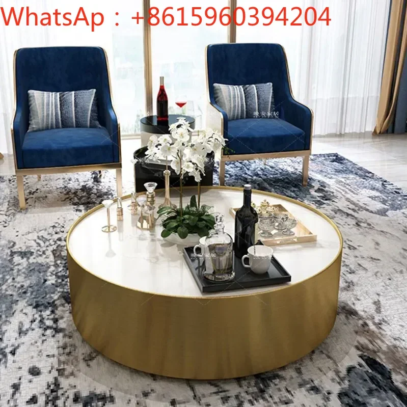 

Custom light luxury coffee table round golden stainless steel 1.2 meters marble coffee table size living room coffee table