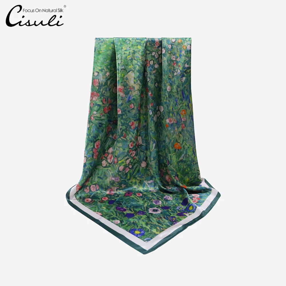 CISULI Silk Square Scarf 100% Mulberry Silk Satin Scarf 90cm Square Floral Printed Green Color Spring Summer